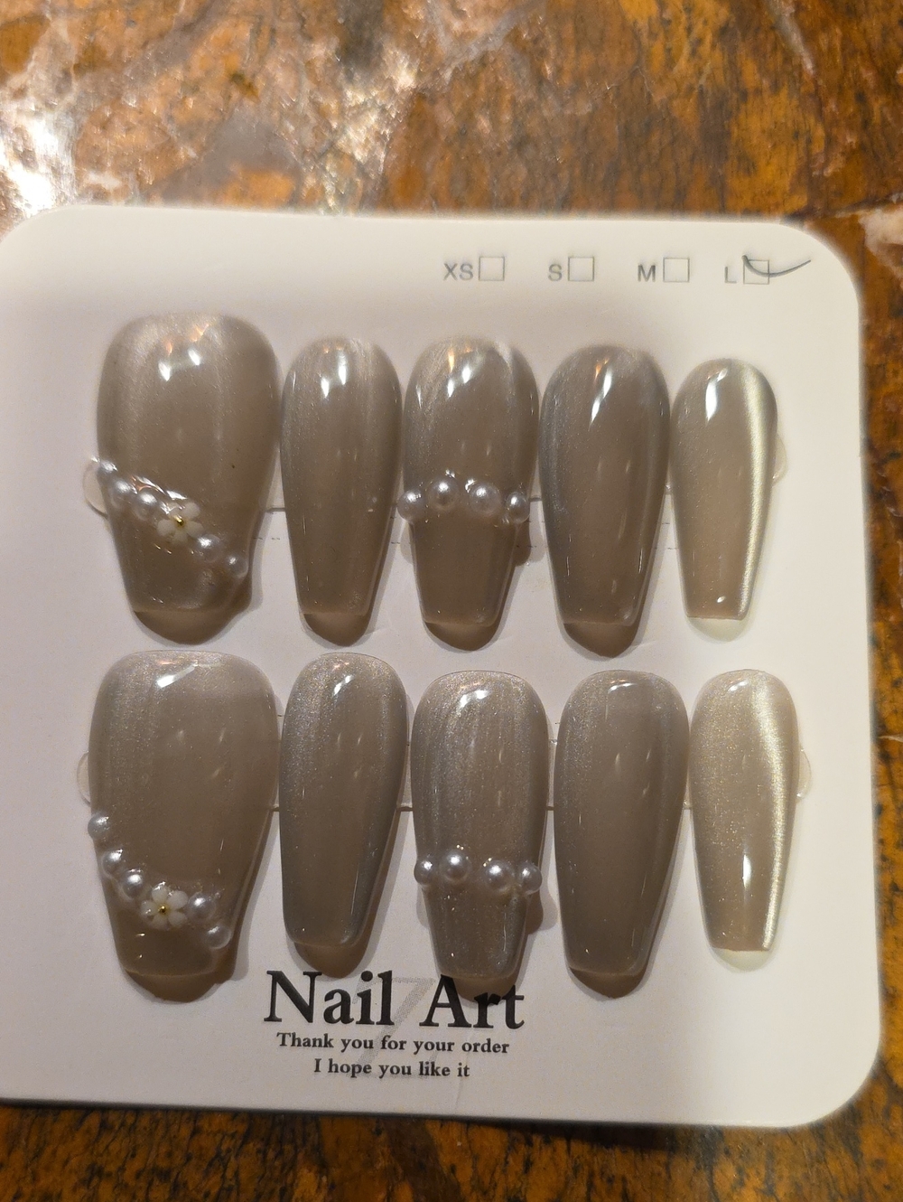 Nail Art Press-On Set in Taupe Gray with Pearl Accents Size Large
